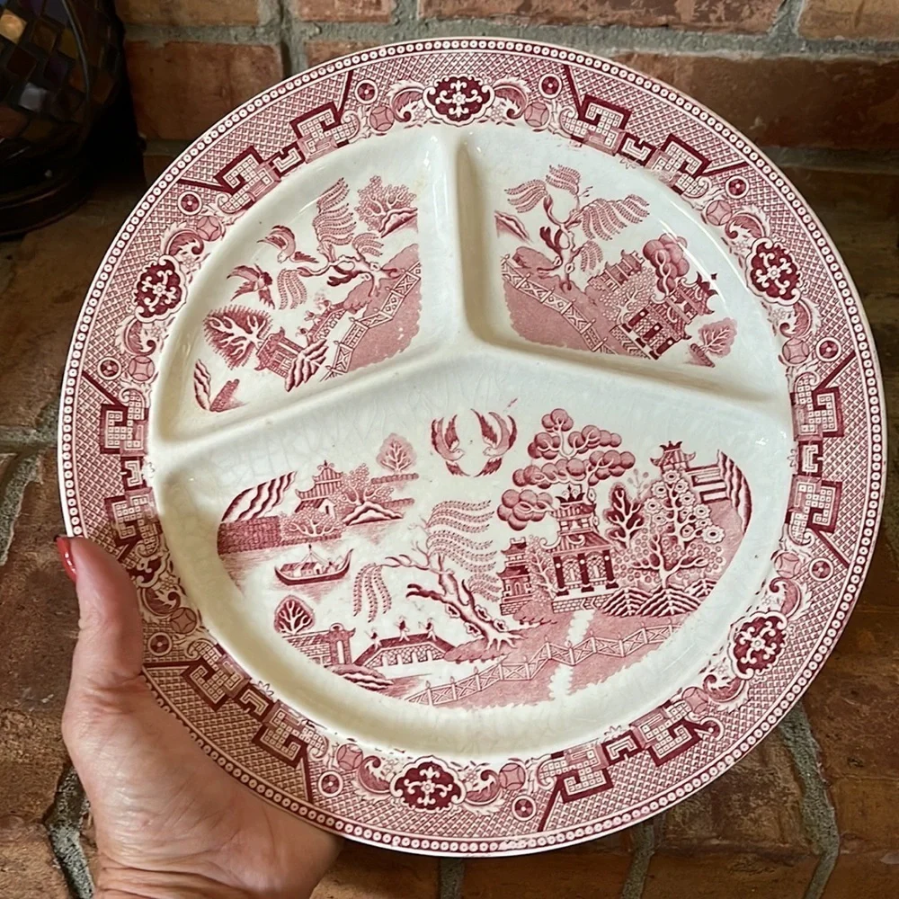 Vtg Willow Red Divided Grill Plates Made in Holland Set of 2